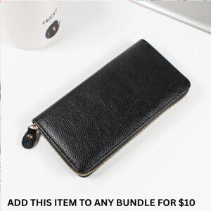$10 ADD ON ITEM- Classic Long Black PU Leather Wallet with Zipper Closure